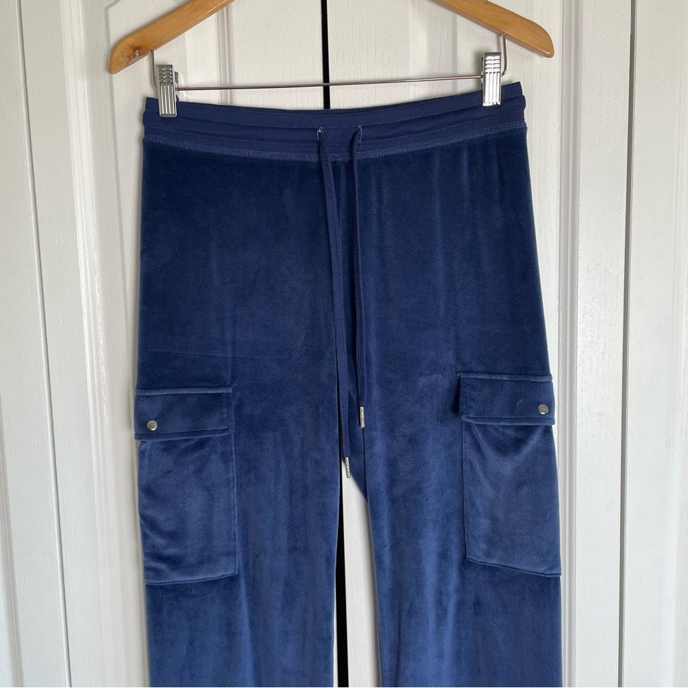 y2k 2000s Juicy Couture Cargo Utilty Velour Track Pants Women’s S Blue Big Bling - Picture 2 of 16